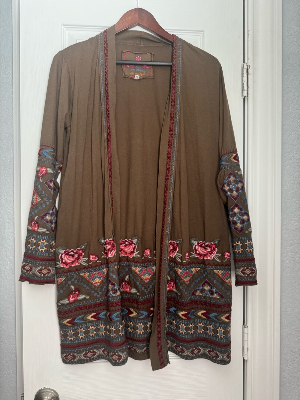 Johnny Was Embroidered Duster Sweater in Olive Green